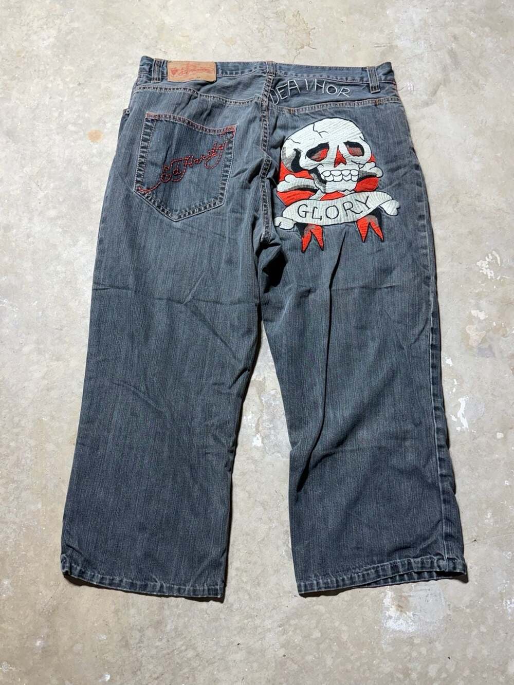 Ed Hardy Christian Audigier Death Or Glory Skull Embroidered Baggy Jeans 38x34